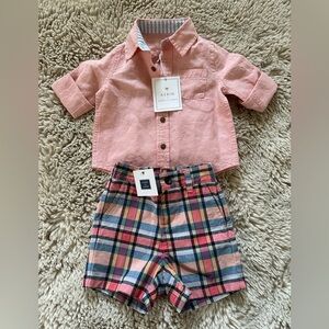 Aerin Janie and Jack pink button down shirt with plaid shorts.  6-12 M N…